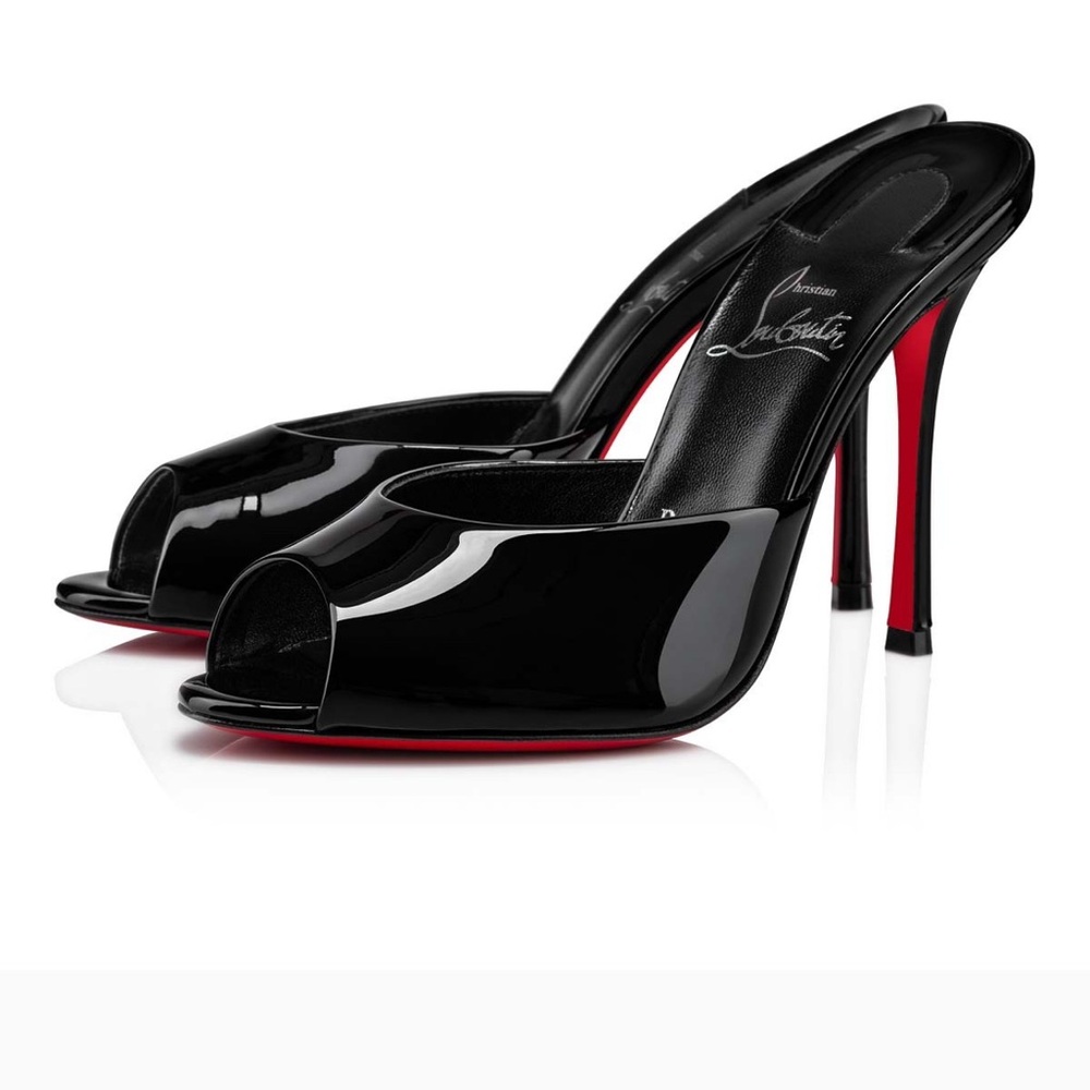 Christian Louboutin Black Patent Peep-Toe Mules with Red Soles